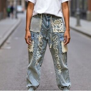 POL‎ Distressed Lace Patch Denim Jogger Pants Women's Size Med Drawstring Waist